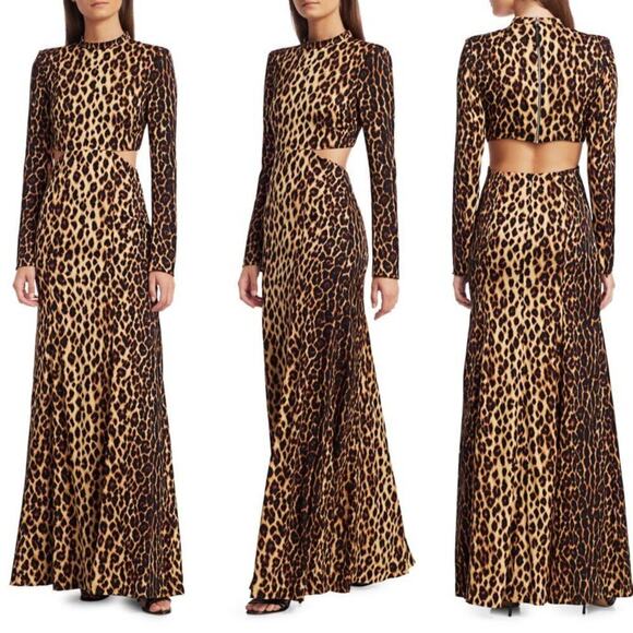 A.L.C. Gabriella Dress Leopard Stretch Silk Cutout Back Column DAMAGED Brown 0 - Picture 1 of 9